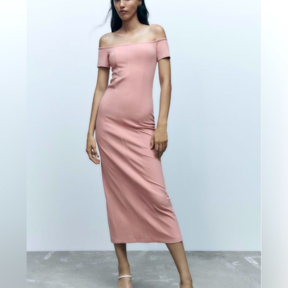 ZARA Off Shoulder Midi Dress Blush S NWT